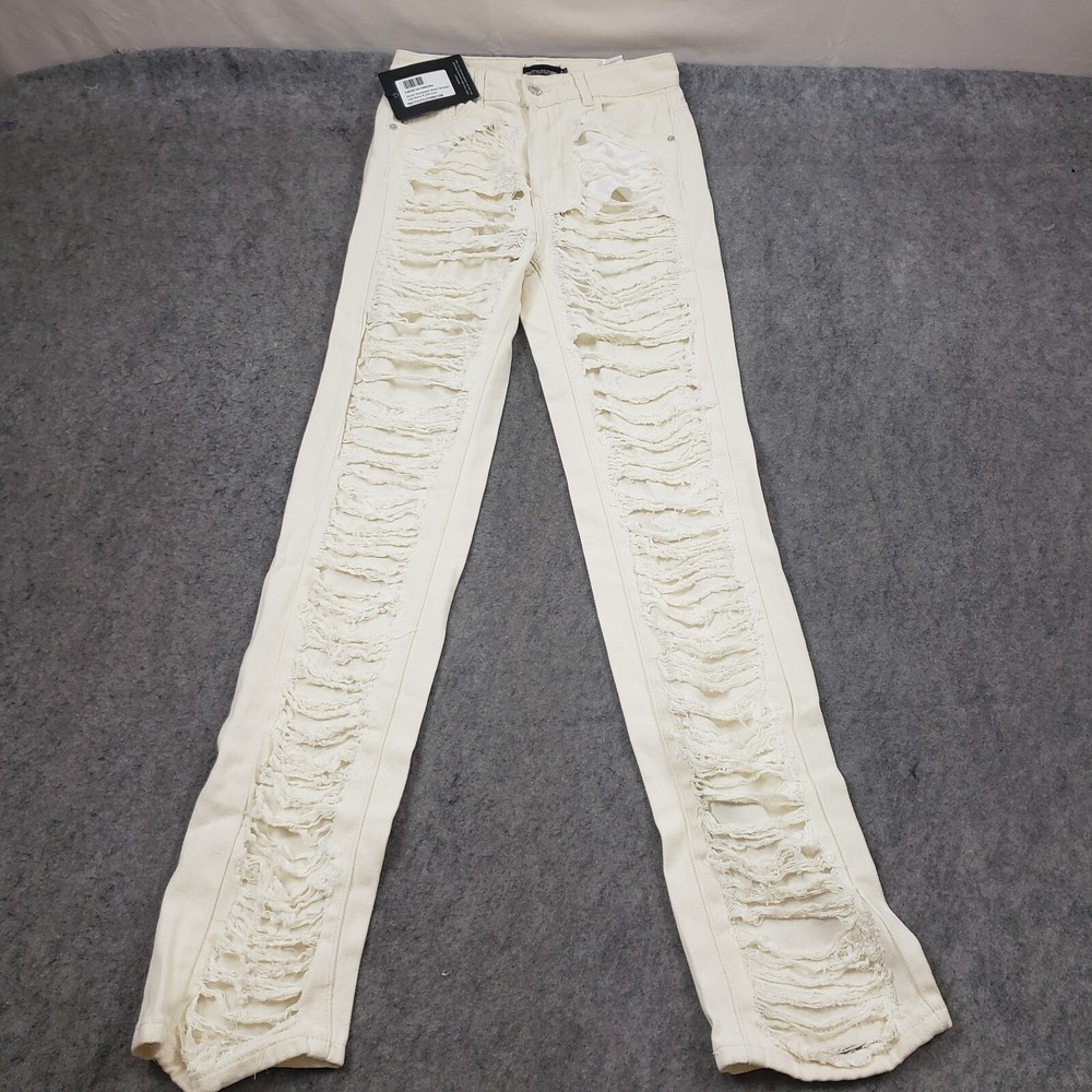 NEW PrettyLittleThing Jeans Women 2 Off White Straight Distressed Cut Torn Denim